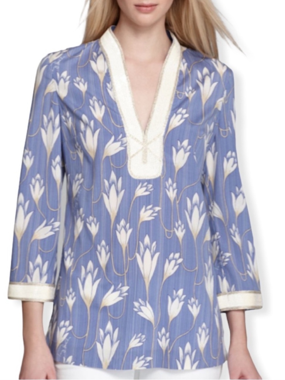 Tory Burch Blue Jay Carly PinstripePrint Sabrina Silk Tunic size 4 Long Sleeve